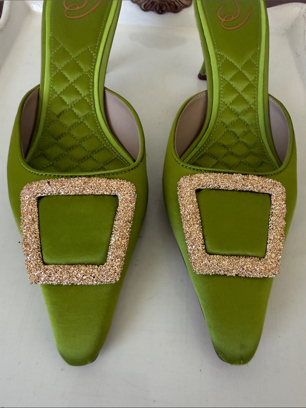 Sam Edelman Green Brit Kitten Satin Mules with Gold Buckle - Size 8.5 - Picture 9 of 14